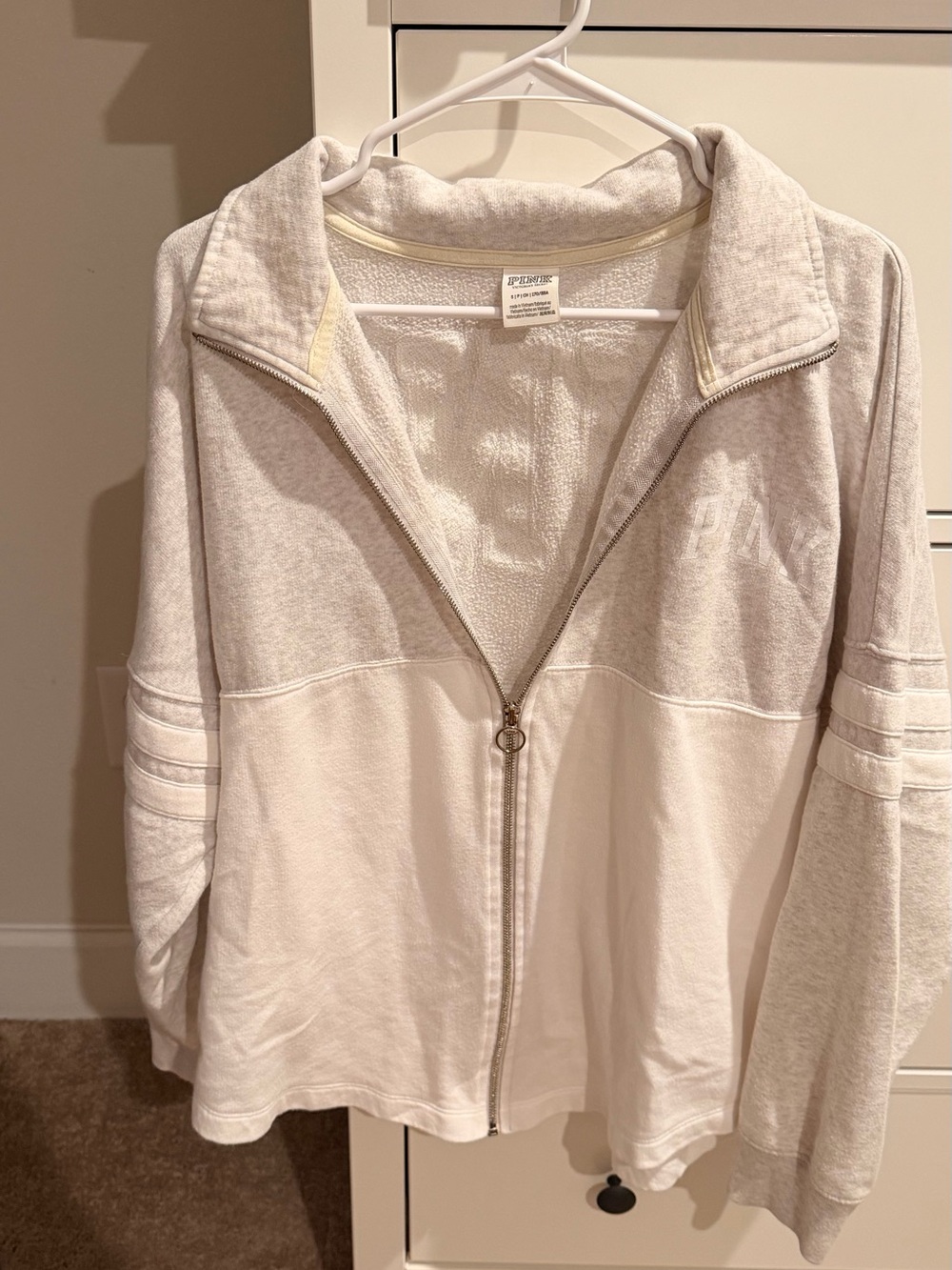 PINK Victoria's Secret Light Gray and White Zip-Up Hoodie